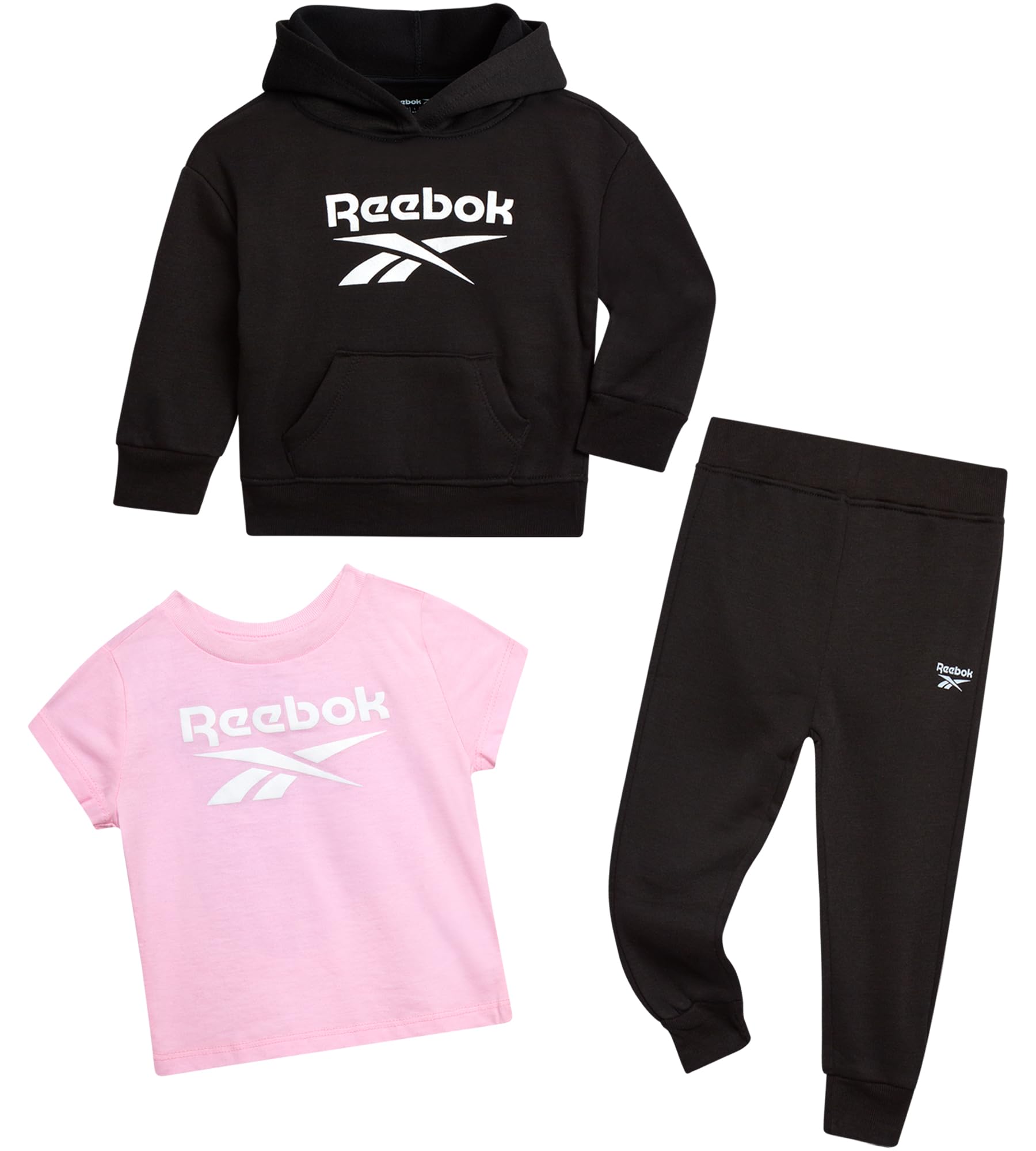 Reebok Sportbekleidungs-Set für Babys und Kleinkinder, 3-teiliges Set mit Kapuze und Sporthose für Mädchen