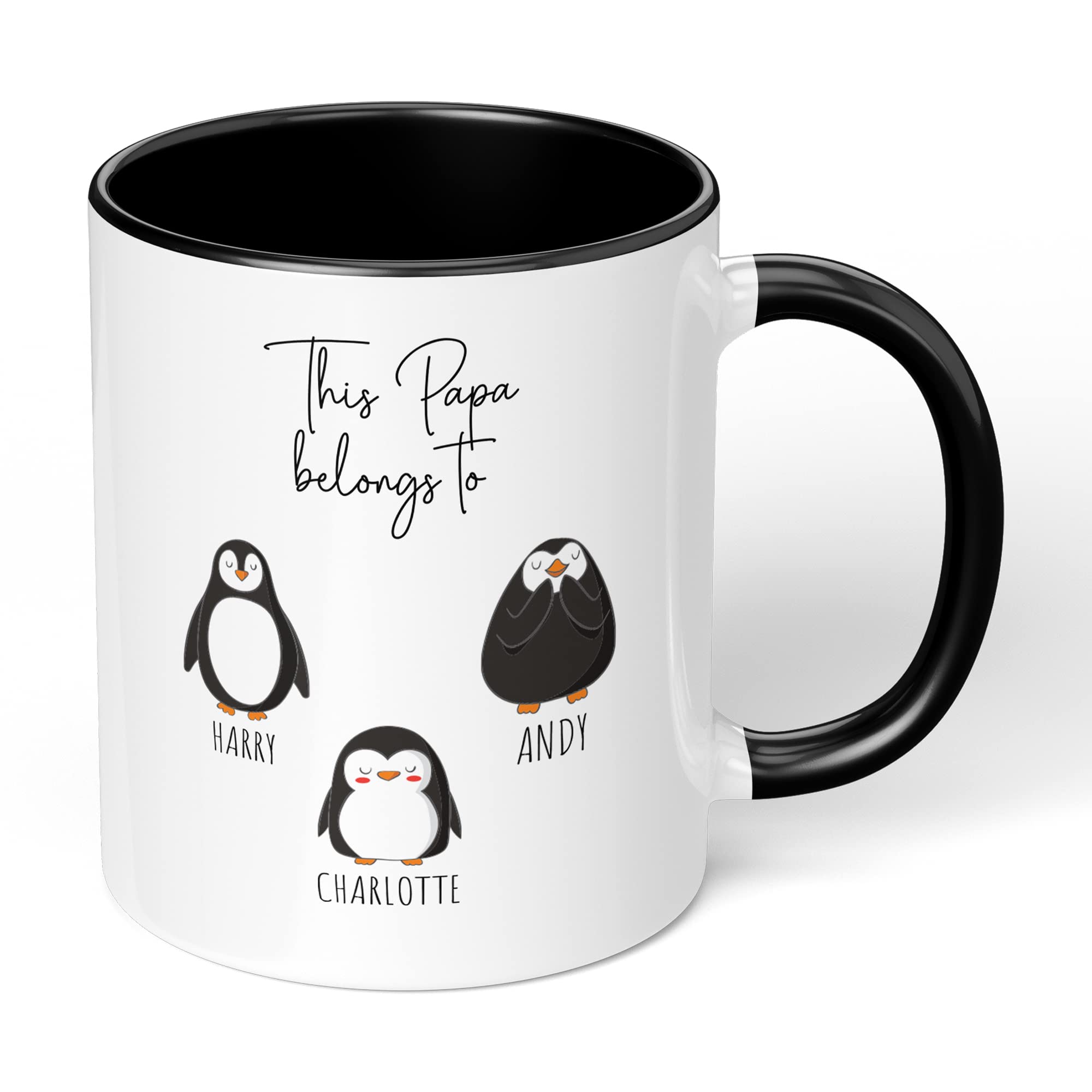 Print Maniacs Fathers Day Mug Cup 11oz Personalised Birthday Christmas Dad Daddy Grandad Uncle Stepdad New Born Baby First 1st Coffee Tea Gift Present for Him Penguins (Black Fill Mug, Papa)