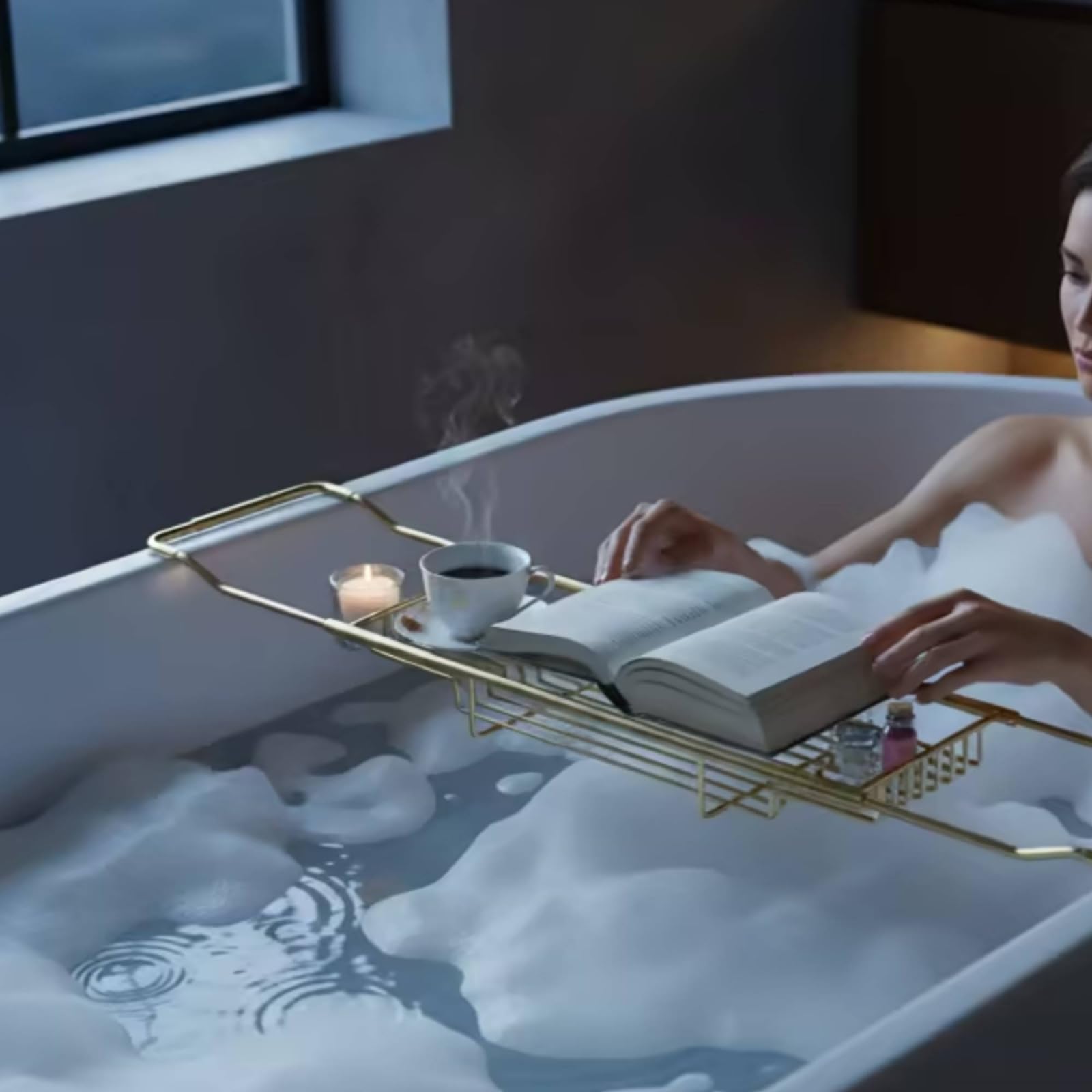 kowaku Mensola Vasca da Bagno Vassoio Vasca Ripiano Vasca Portavassoio Vasca Telescopico in Acciaio Inox con Supporto per Telefono E Vaschette Accessori, Oro Leggero Di Lusso, Versione Estesa