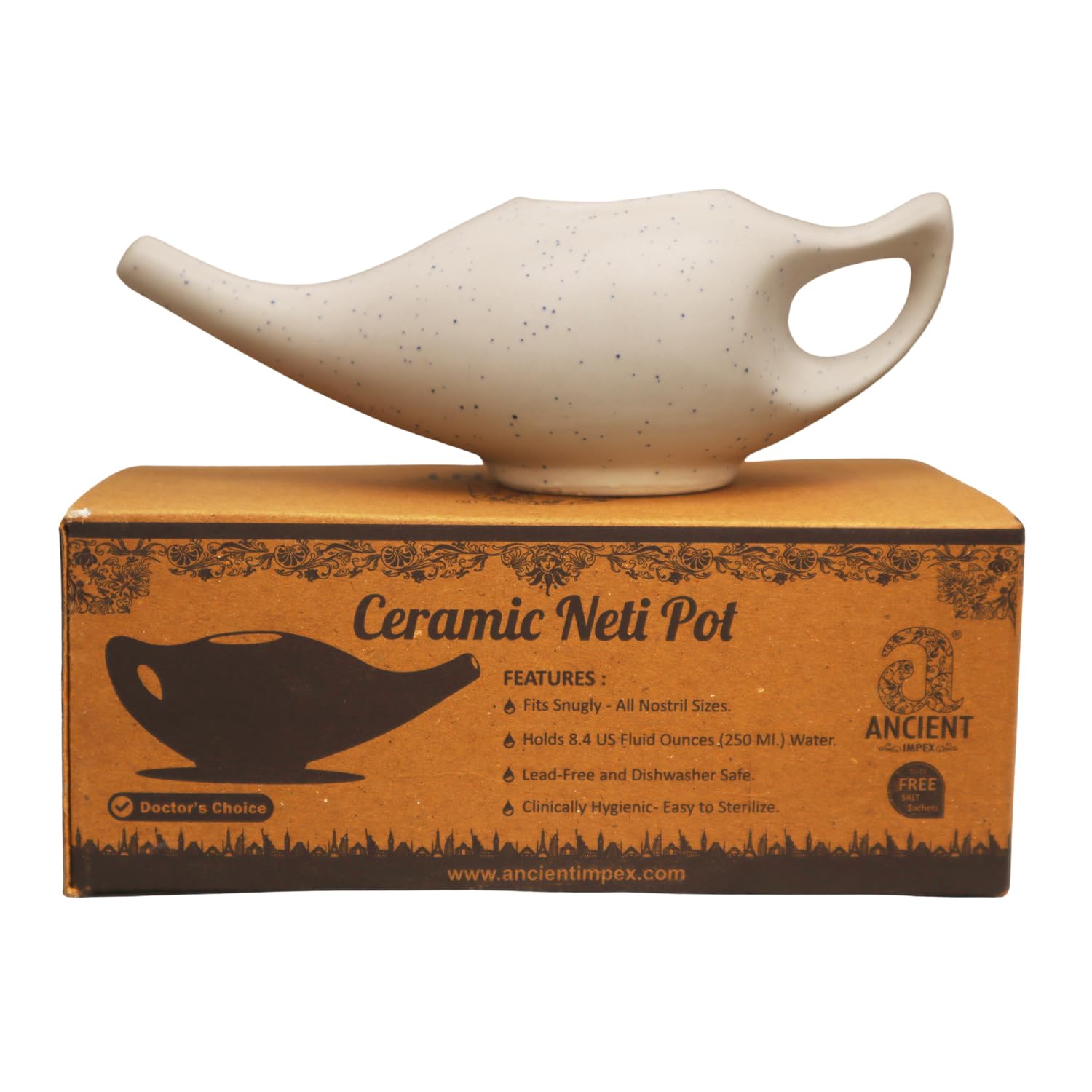 Matte Ivory Ceramic Neti Pot for Nasal Cleansing | Compact and Travel-Friendly Design | Natural Treatment for Sinus, Infection and Congestion | Ceramic Neti Pot with 05 Sachets of Neti Salt