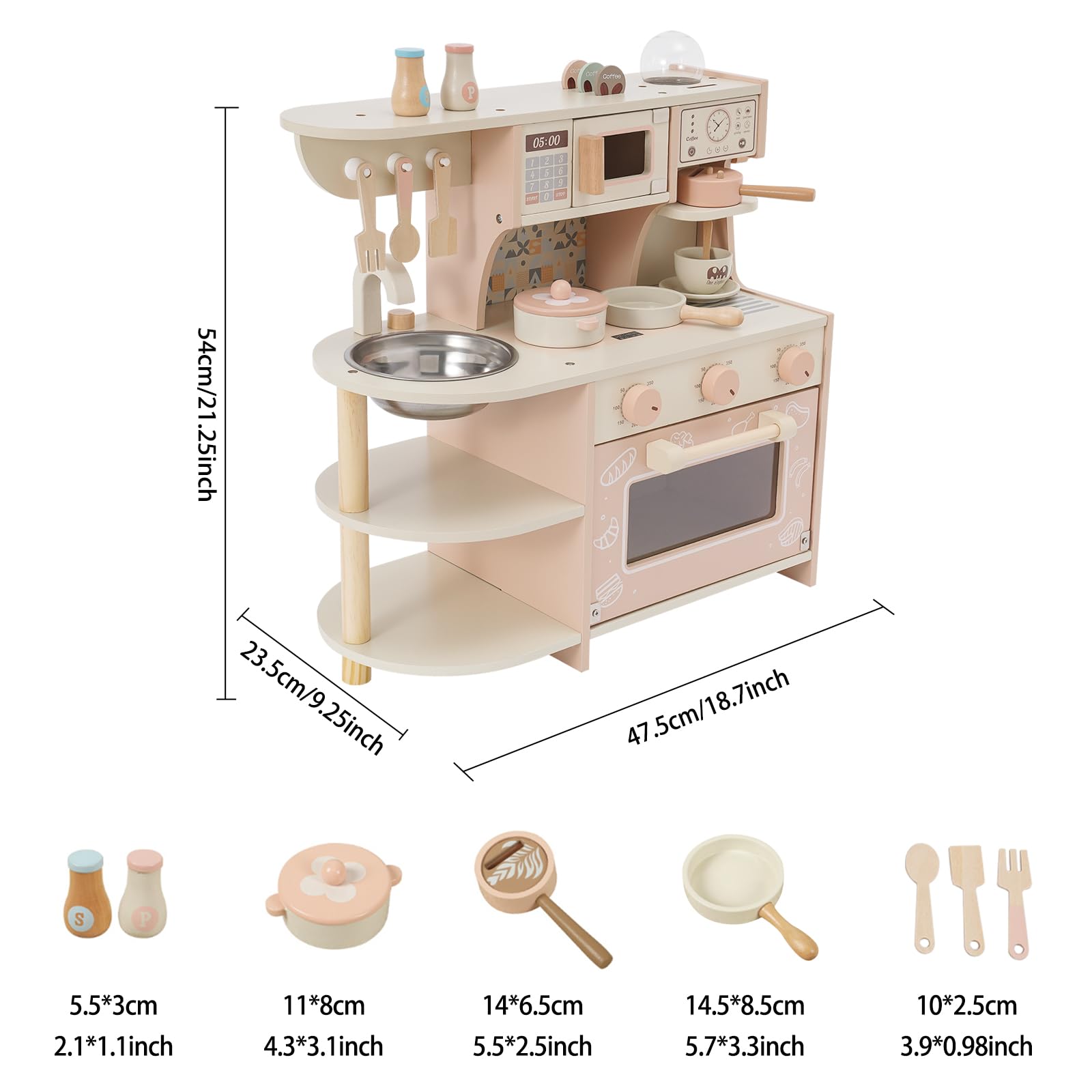 Cucina giocattolo in legno per bambini, con fornello e macchina da caffè, giocattolo in legno non tossico, set compatto da cucina per bambini giochi di ruolo a casa