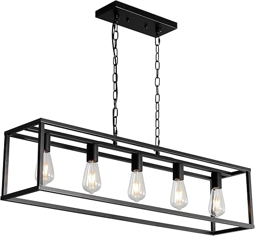 Miniatura 1 de Lámpara de granja para comedor, 5 luces colgantes negras, para colgar en la isla de cocina, lámpara de techo lineal con cadenas ajustables
