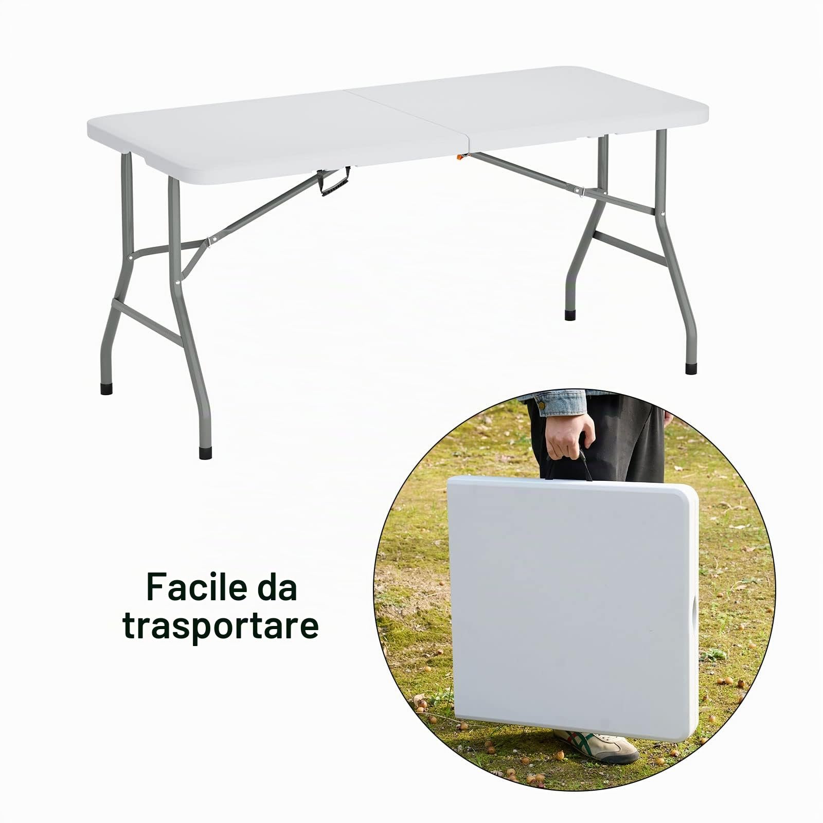 SogesHome Tavolo Pieghevole da Giardino Bianco perfetto come Tavolo da Campeggio, Tavolino Esterni Richiudibile a Valigetta con Maniglia,152 x 71 cm, HP-152CZ-SH-01