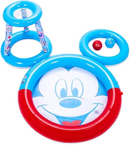 Disney Store Juego de piscina inflable oficial de Mickey Mouse con almohadilla de salpicaduras, aro, rociadores y bolas, divertidos juguetes para