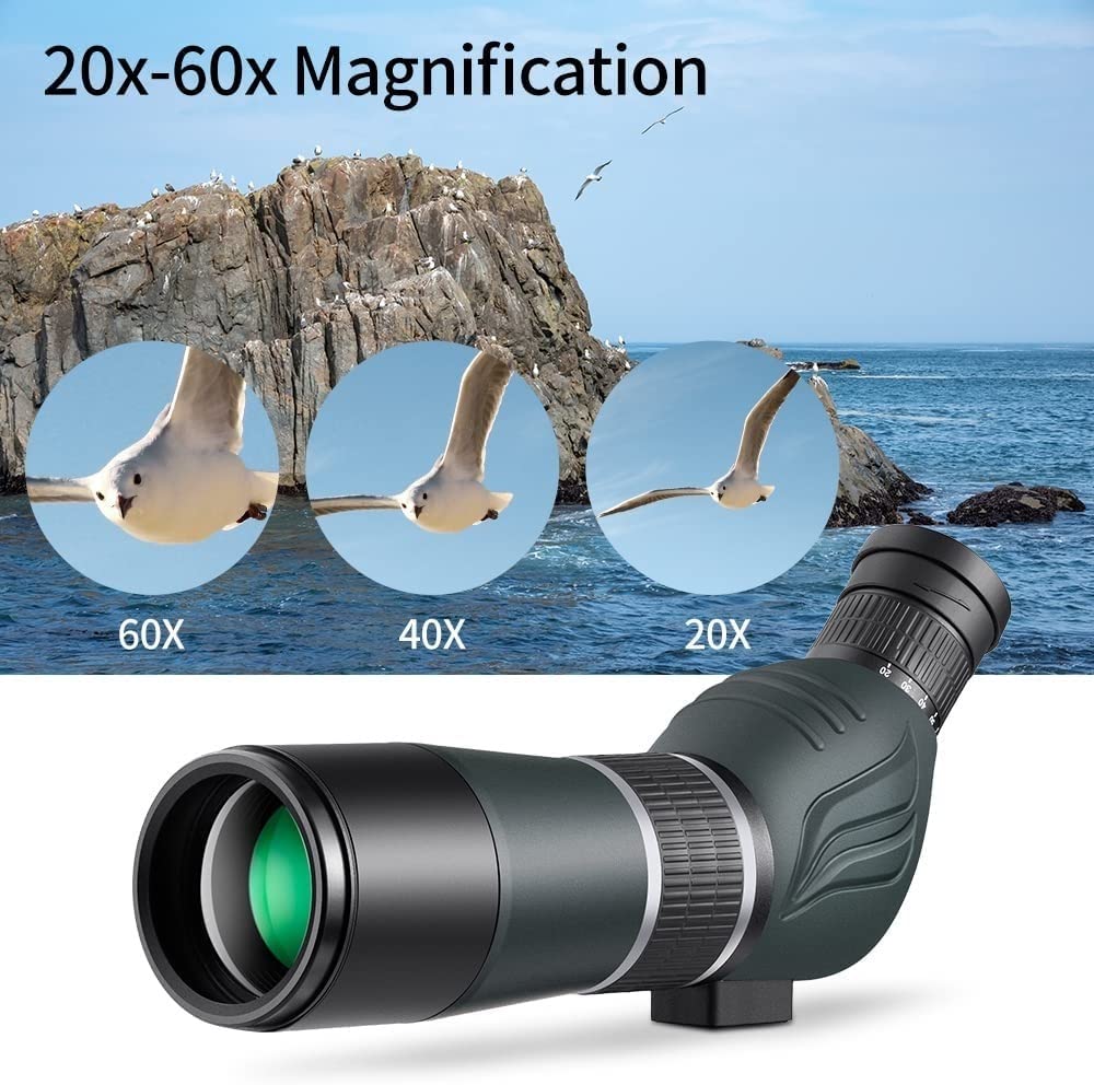 Telescopio Terrestre 20-60X60 con Trípode, Bolsa de Transporte, Adaptador for Teléfono Inteligente - BAK4 Monocular de Observación de Aves Impermeable en Ángulo de 45° for Tiro al Blanco, Caza, Paisaj