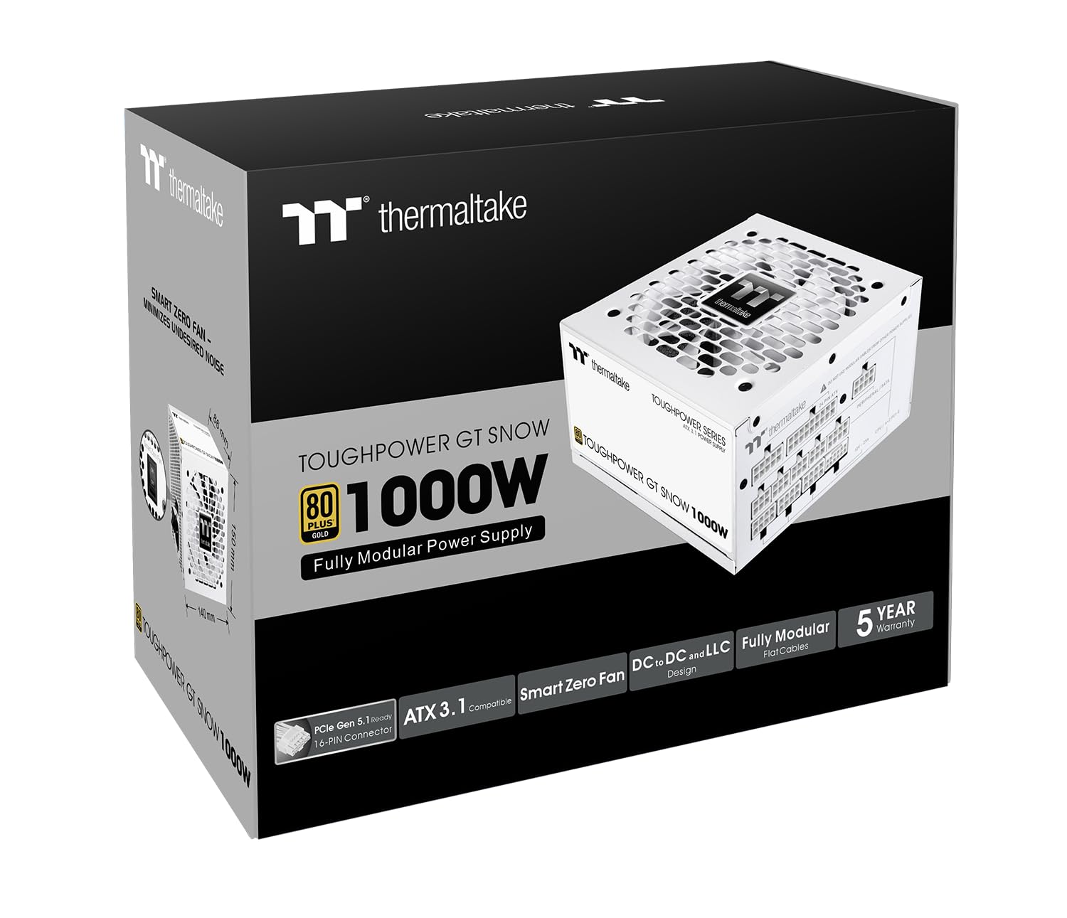 Thermaltake Toughpower GT 850W | ATX 3.1 | Connecteur PCIe 5.1 12V 2x6 | Fonction Smart Zero Ultra-silencieuse | Câbles à Profil Bas | Certification 80+ Gold | Modulaire | Neige
