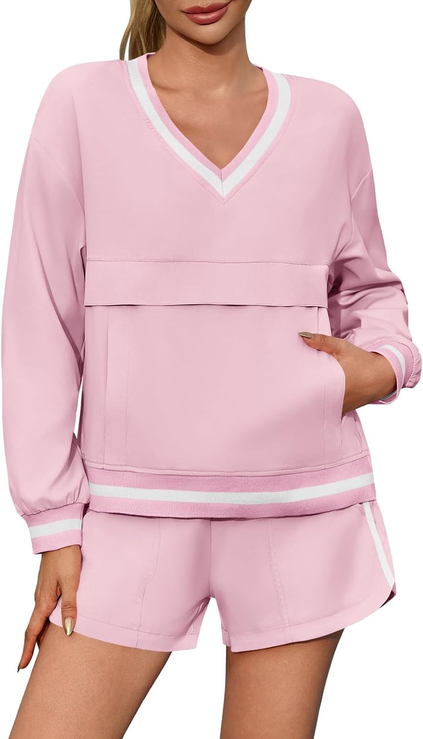 Fisoew Womens 2 Piece Outfits Long Sleeve V Neck Sweatshirt High Waist Running Shorts Sets Loose Fall Workout Tracksuits - Image 2