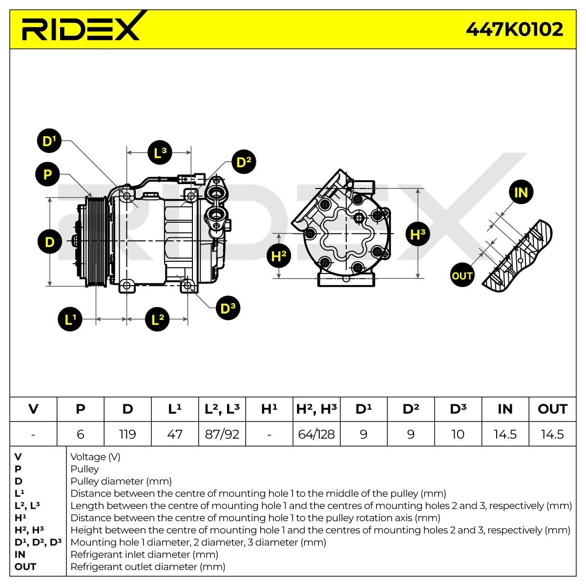 RIDEX 447K0102 Compresor aire acondicionado con aceite de compresor PAG con acoplamiento magnético con diodo Compatible con VOLVO V50 545