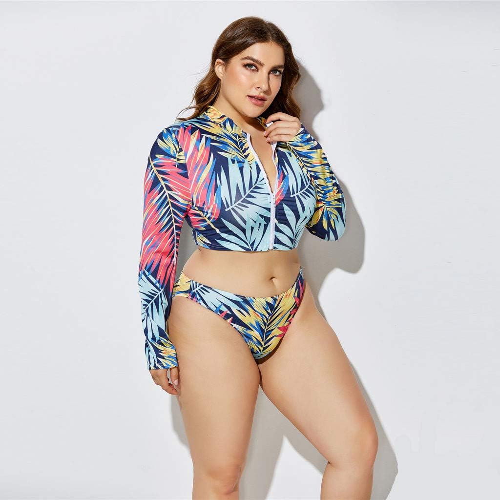 3 Piece Swimsuit for Women Plus Size 2020 Summer High Waist Print Split Long Sleeve Beach Bathing Suit Clearance Best Beachwear Under 10 Dollar Gift for Mother Girlfriend Wife Beach Blue