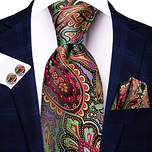 Image of Dubulle Mens Tie and Lapel Pin Paisley Striped Floral Necktie for Men Pocket Square Cufflinks 4PCS Set Wedding Party