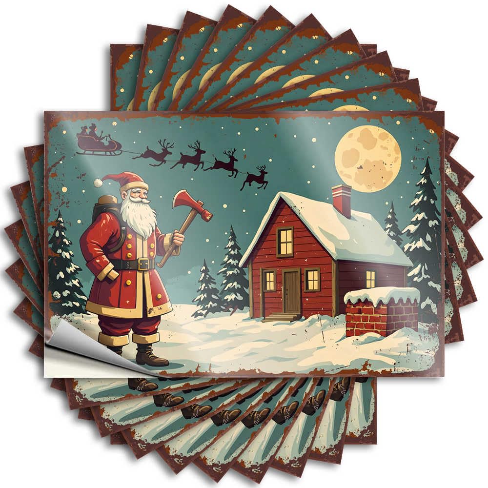 Santa with Axe in Front of Snowy Cabin Crazy Home - Tattoos Wall Removable Vinyl Decal(12X18CM)