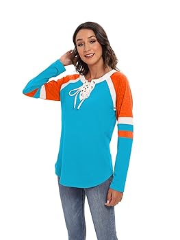 Famulily Women's Lace Up Front Long Sleeve Tops Striped Crew