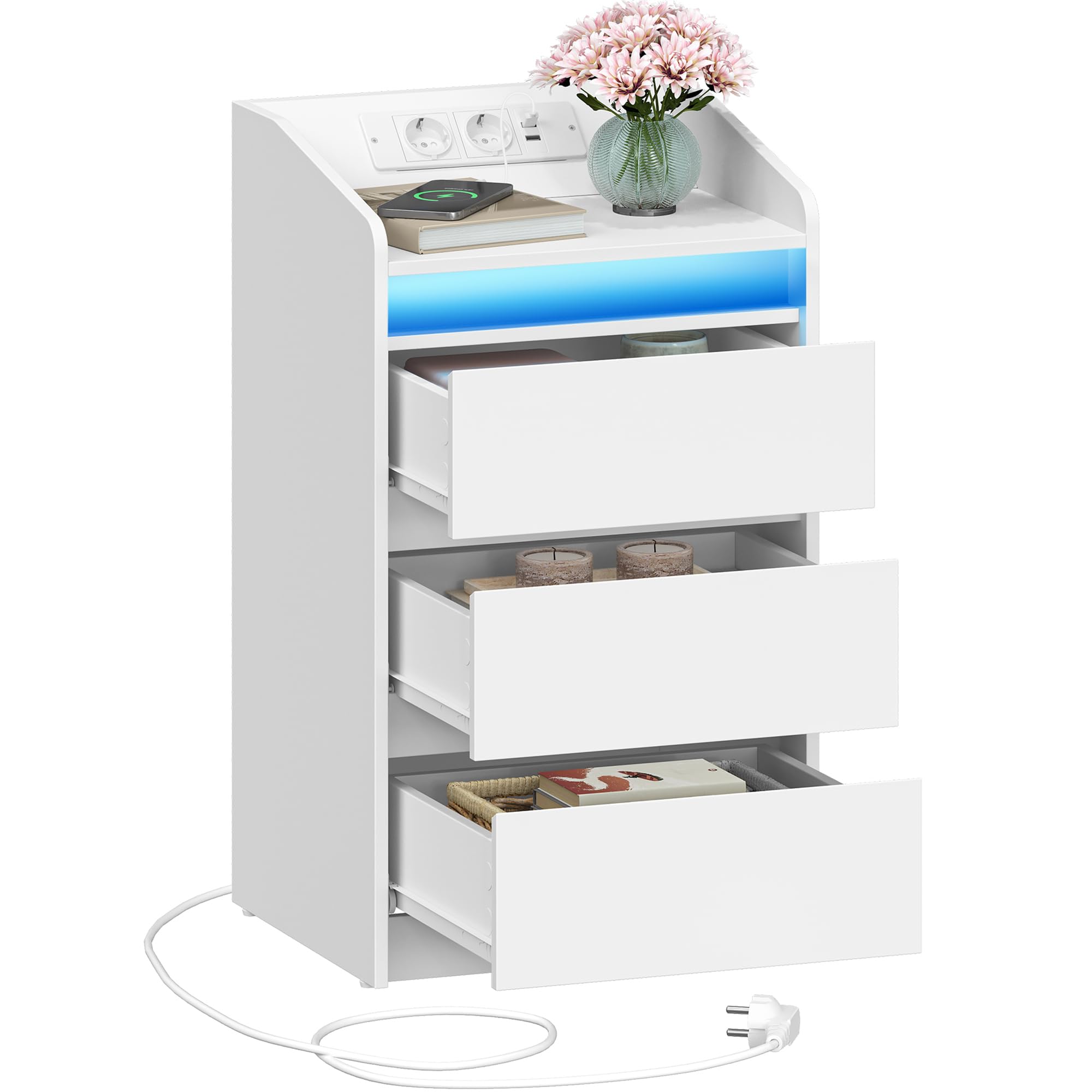 Hzuaneri Comodino con 3 Cassetti, Tavolino con Stazione di Ricarica LED, 2 Prese CA e 2 Porte USB per Camera da Letto, Soggiorno, Bianco NS40003X