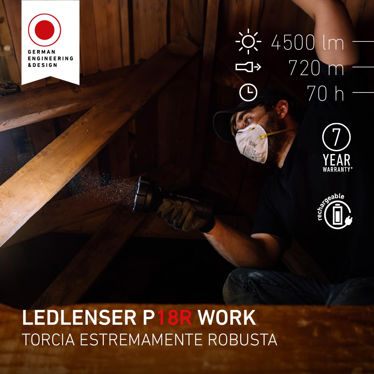 Ledlenser P18R Work Torcia Ricaricabile, 4500lm, Portata 720m, IP54 | Messa a fuoco regolabile, 669g, autonomia 70h, protezione in gomma, ideale per sicurezza e cantieri | 2020