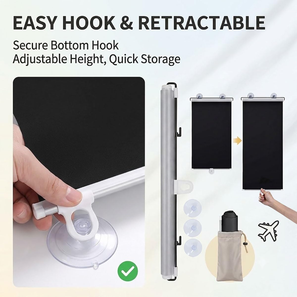 Estores enrollables con ventosas, Persiana Enrollable Sin Taladrar, Negro | Cortina opaca reflectante, Estor Térmico para Ventanas, aislamiento térmico y protección solar, retráctiles(W75 x H190cm)