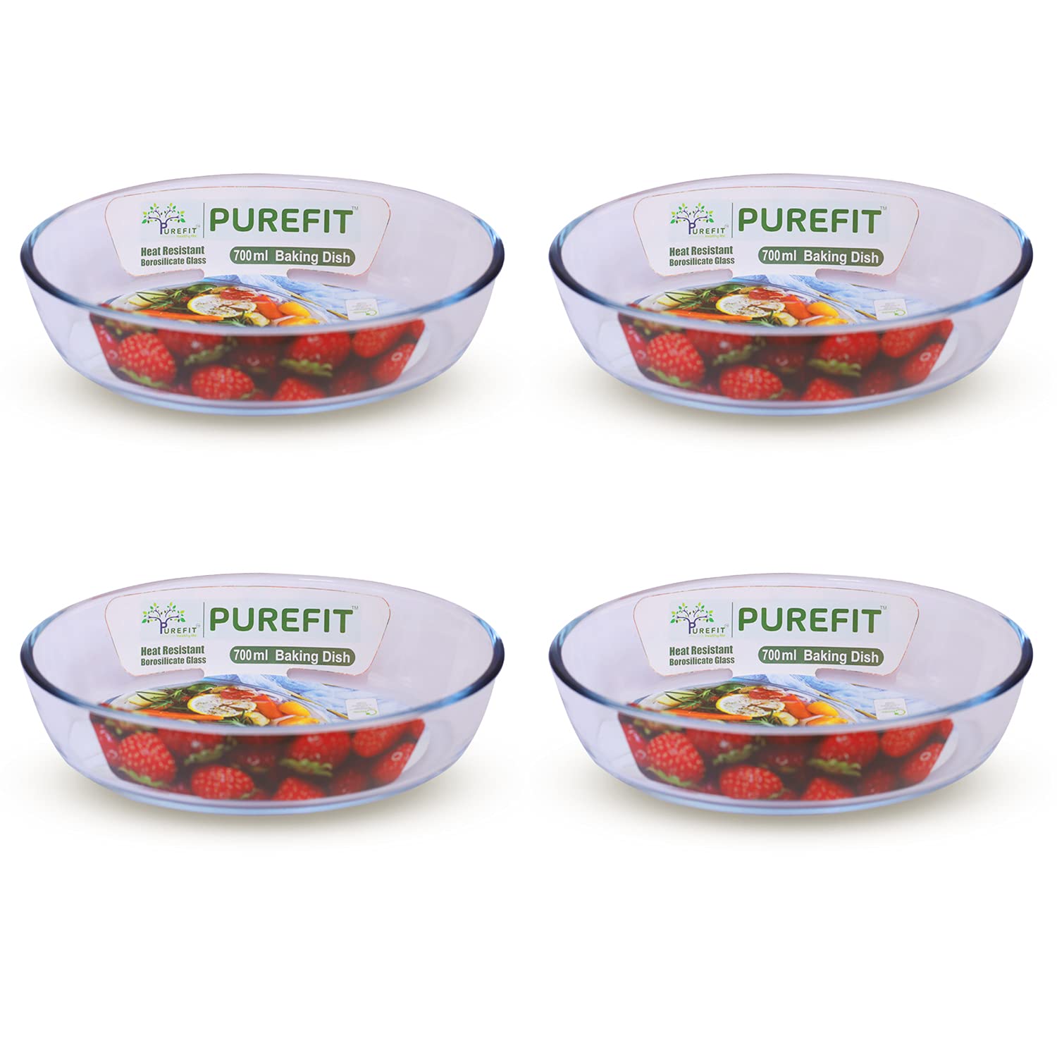 PUREFIT Borosilicate Glass Oval Multipurpose Bakeware Baking Dish, Microwave Oven & freezer Safe, Bake & Serve, 700ml, Pack of 4