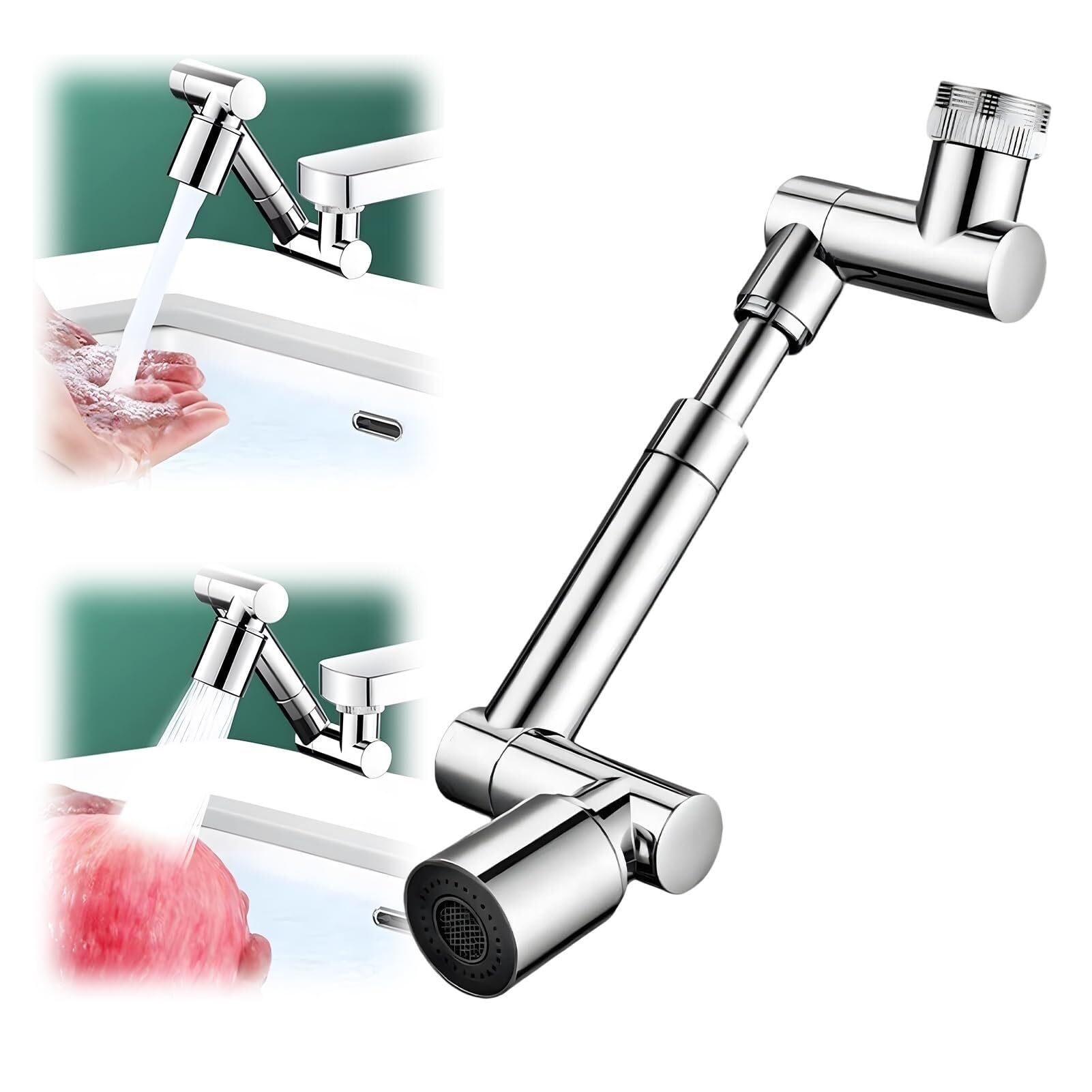 Prolunga Girevole a 360 Gradi per Rubinetto con ugello a spruzzo Regolabile – Facile Installazione per lavelli di Cucina e Bagno (Argento B)