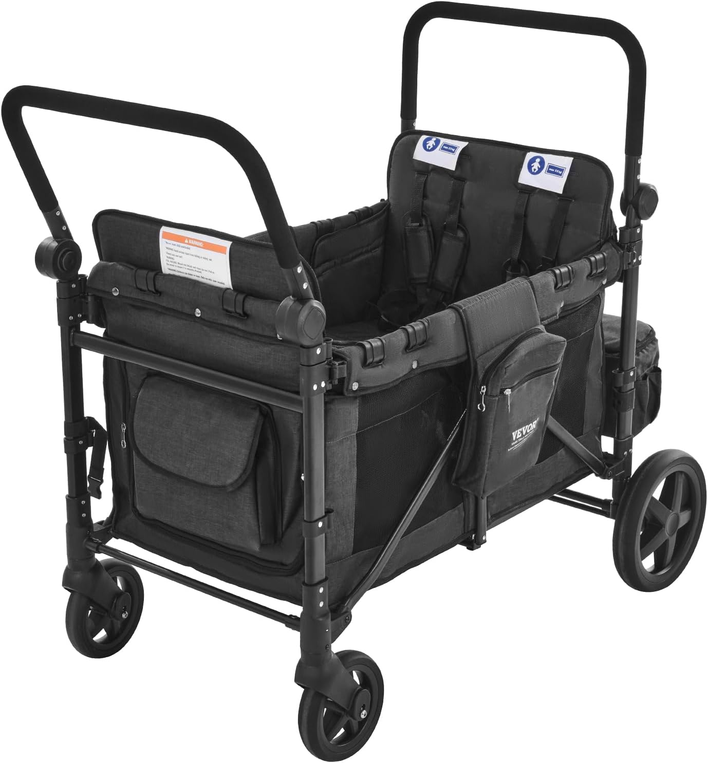 VEVOR Wagon Stroller for 4 Kids, Push Pull Quad Collapsible Stroller with Adjustable Handle, Safety Harness & Removable Canopy, 4-Seater Stroller Wagon for Camping, Dark Gray & Black (330LBS Loading) image 4 of 10 B0DWMDCKDZ
