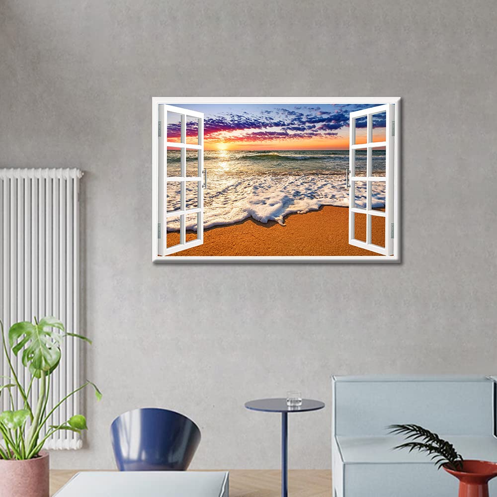 3D Open Wooden Window View Canvas Wall Art Tropical Beach Sunset Picture for Living Room Kitchen or Bedroom Modern Art wall Decor Seascape Ready to Hang(16x24in) - Image 4