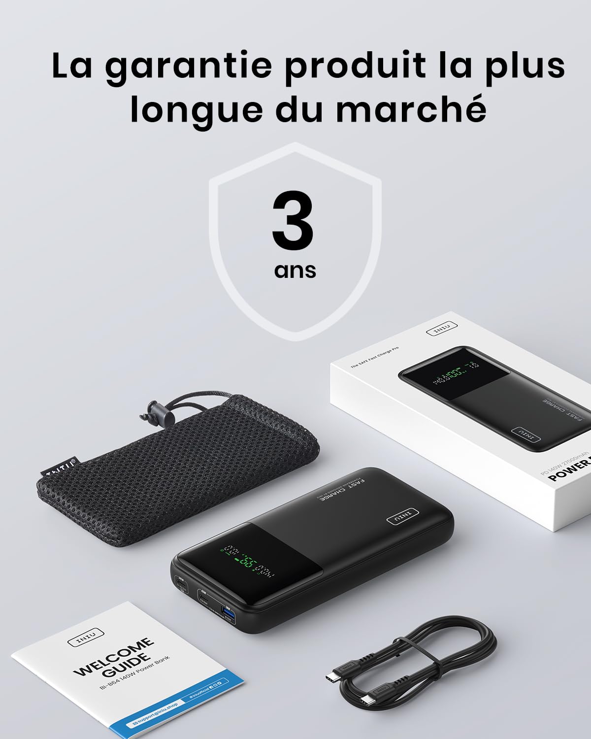 INIU Batterie Externe 27000mAh 140W, Power Bank Portable avec Câble USB C et Écran Digital, 3 Ports Charge Rapide Batterie Portable pour Laptop MacBook iPhone Steam Deck iPad iPhone Samsung
