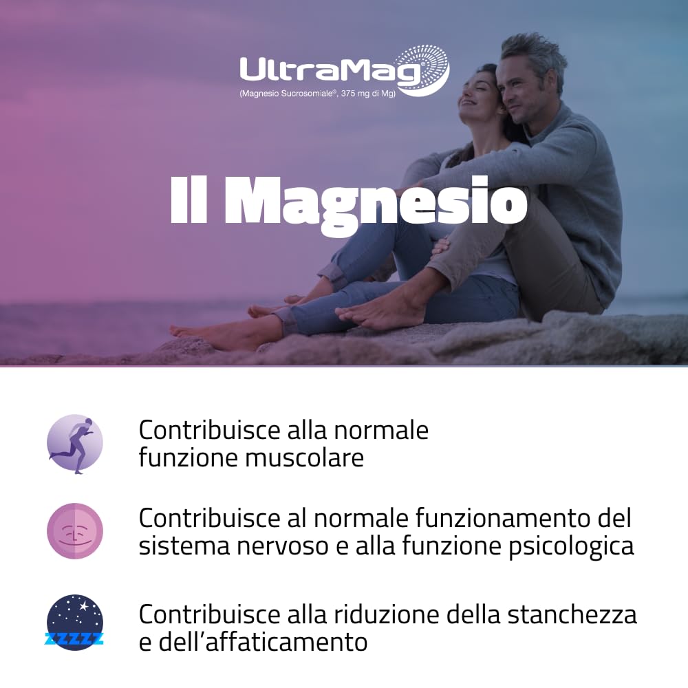 UltraMag®, Integratore di Magnesio Sucrosomiale® 375 mg, Alto assorbimento, Alta tollerabilità, Riduce stress e affaticamento, Stanchezza fisica e mentale, Senza glutine, 20 +20 bustine, Pharmanutra