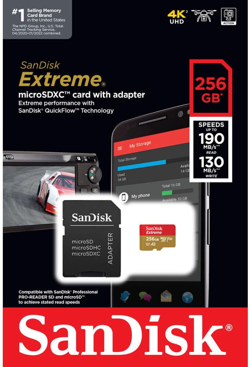 SanDisk Extreme 256GB UHS-I U3 microSDXC Memory Card with SD Adapter