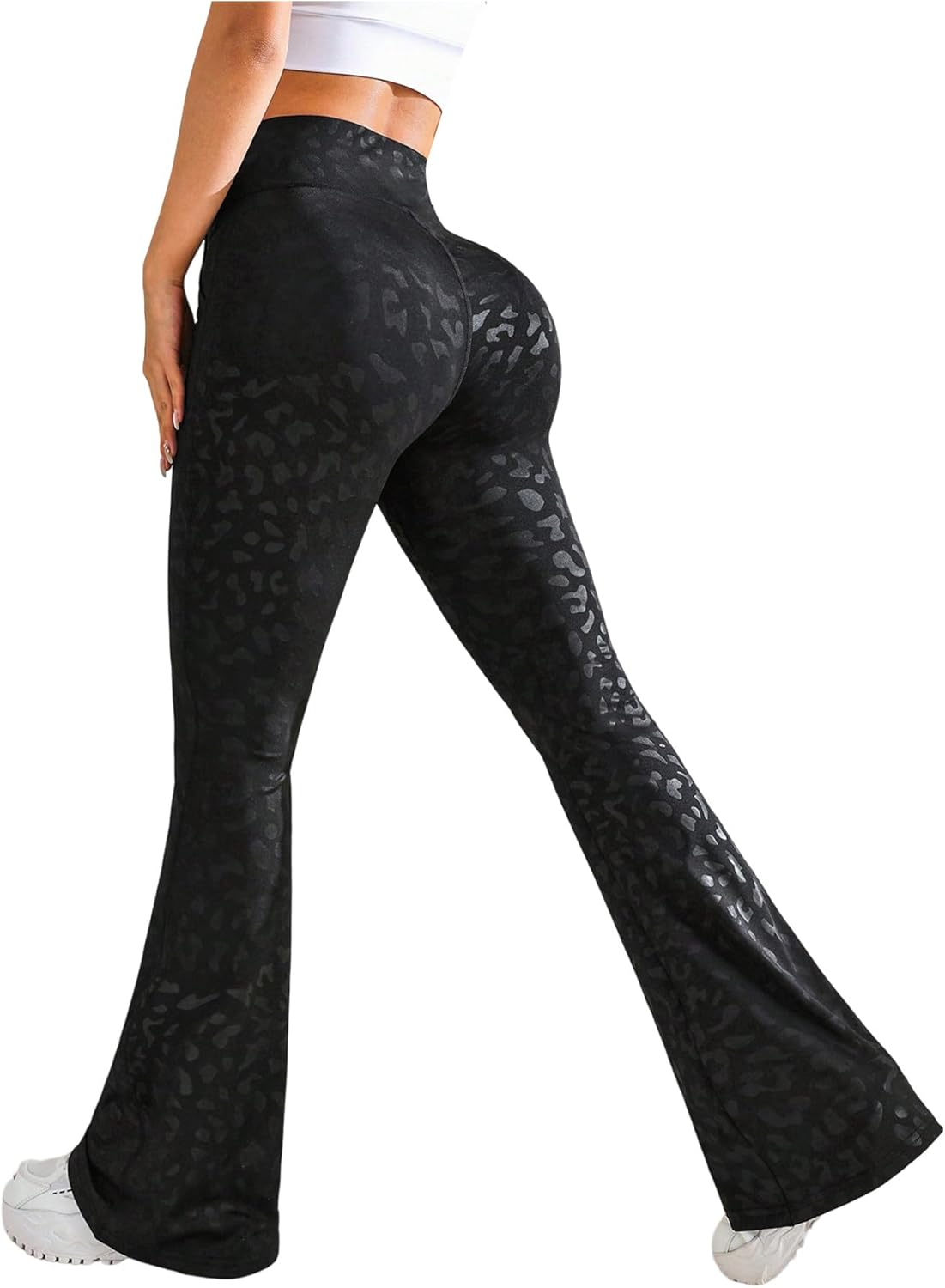 WDIRARA Women's Leopard Print Flare Yoga Pants Athletic Workout Elastic Waist Bell Bottoms Pants with Pocket