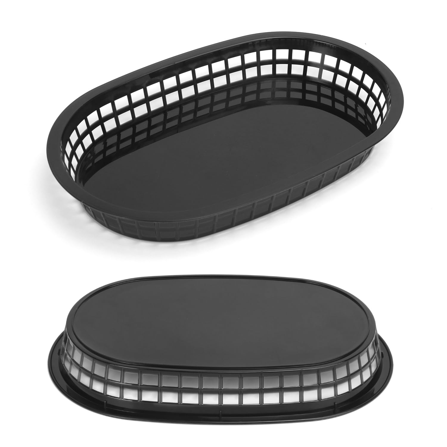 Confezione da 60 cestini per fast food, 26 x 17 cm, versatili in plastica nera, vassoio per hamburger, patatine, panini, hot dog, barbecue, picnic, feste, durevoli e sicuri