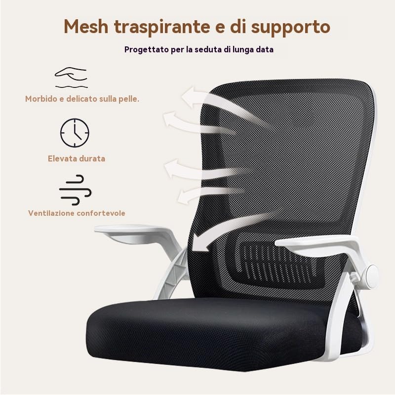 Sedia da Ufficio Ergonomica - Sedia Girevole in Rete Traspirante con Braccioli Ribaltabili e Supporto Lombare per Computer - Ufficio Domestico(Nero e Bianco)