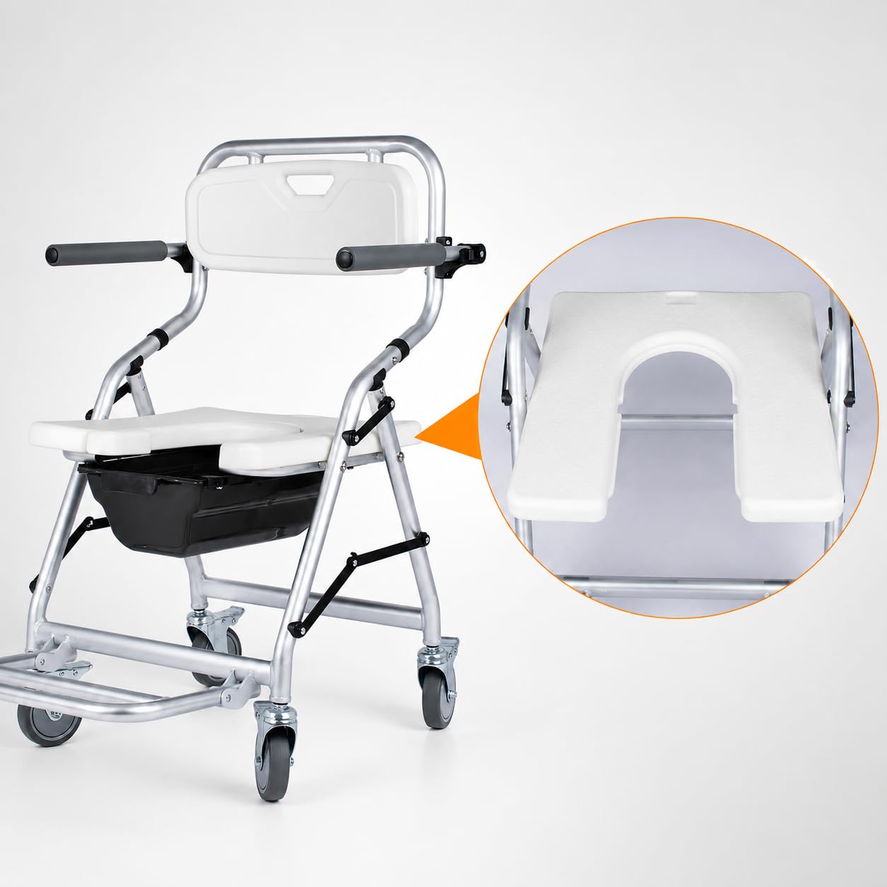 Silla de ducha plegable con ruedas, reposabrazos y reposapiés