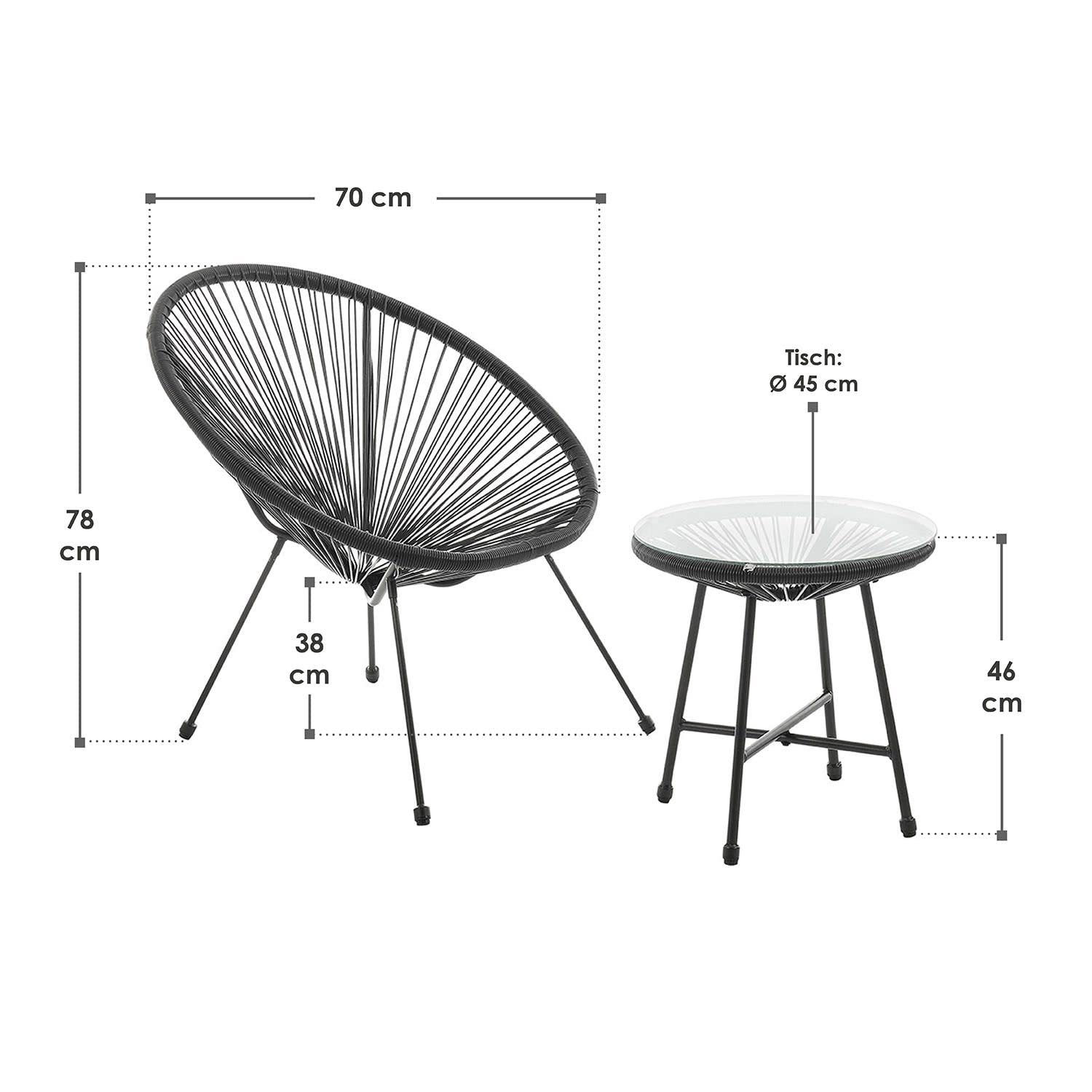Juskys Zestaw mebli balkonowych Ostana 3-częściowy – stół i 2 fotele – elegancki zestaw do siedzenia na balkon, taras i do ogrodu, czarny