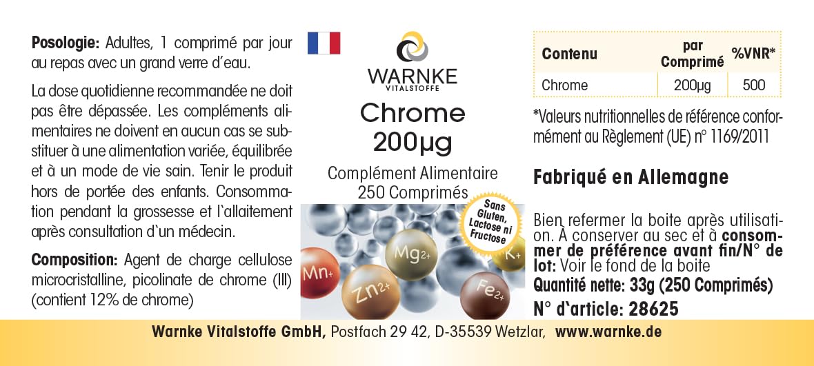 Chrom 200μg – 250 tabletek, każda zawierająca 200μg – wyprodukowano z pikolinianu chromu – WYSOKA DAWKA – niemiecka jakość farmaceutyczna – wegańskie | Warnke Vitalstoffe