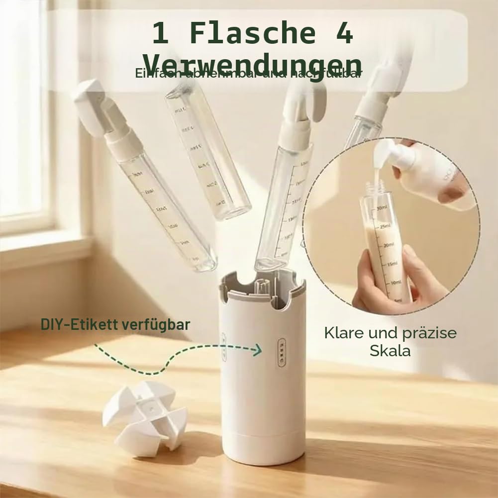 4-in-1-Reise-Spenderflasche mit Skala und Etikett, tragbare, auslaufsichere, nachfüllbare Reisespenderflaschen, Shampoo-Reiseflaschen, Toilettenartikel für Flüge, Turnbeutel, Wochenendausflüge, 2