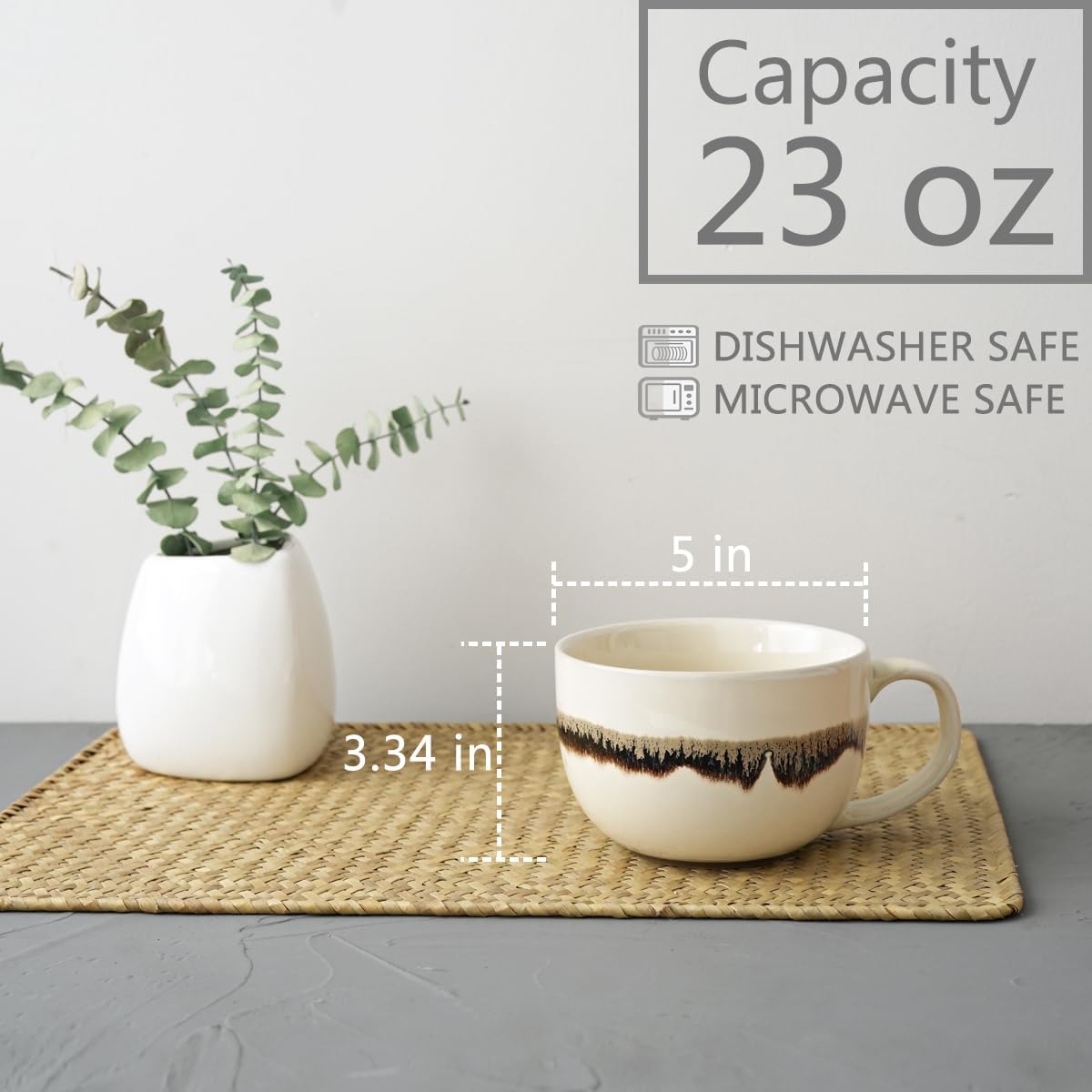 Bosmarlin Ceramic Large Coffee Mug Set of 2, 23 Oz, Jumbo Mug Soup Bowls with Handles, Dishwasher and Microwave Safe (23 Oz, Beige) - Image 2