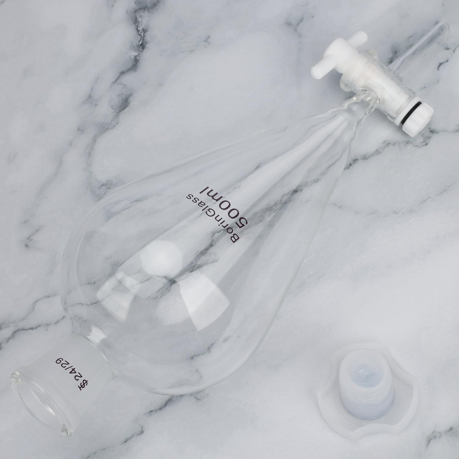 BorinGlass Entonnoir conique 500 ml avec joints 24/29 et robinets PTFE, entonnoir de séparation en verre borosilicate avec design à paroi épaisse