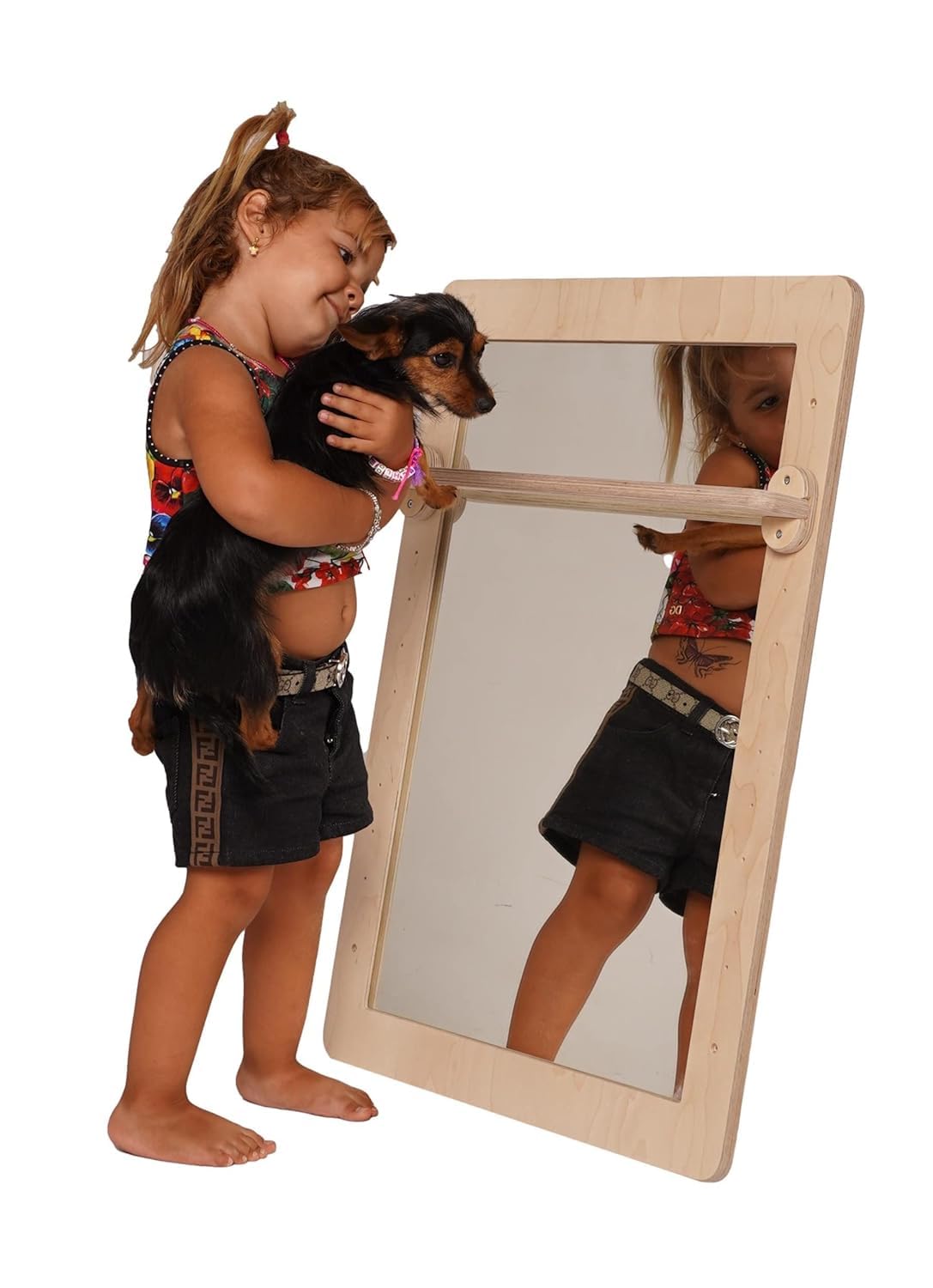 Specchio con Asta di Supporto Montessori (H80xL60CM, Legno Naturale)