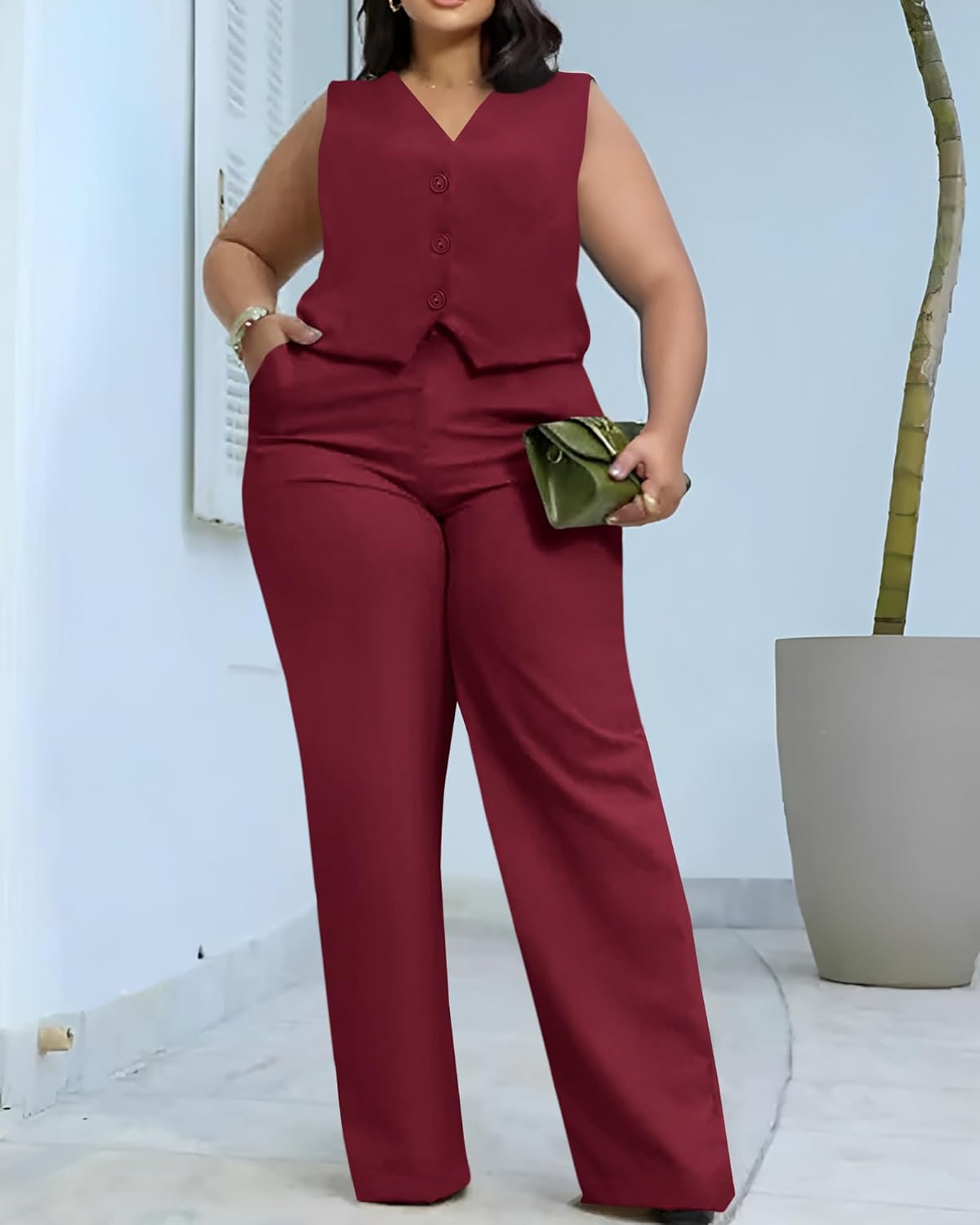 Women's Plus Size Pant Suits 2 Piece Outfits Button Vest Blazer Pockets Wide Leg Pants Sets Casual Pantsuits - Image 6