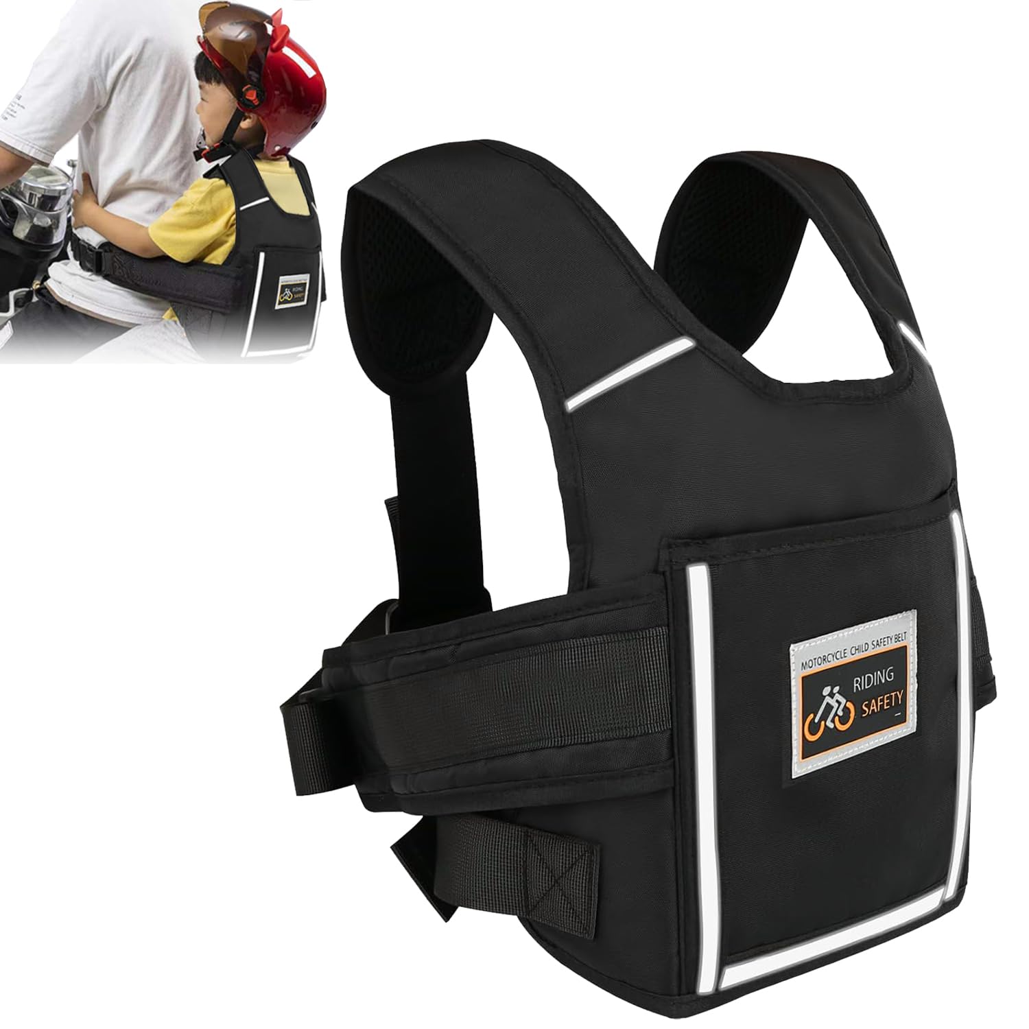 Tyafzzn Kinder Motorrad Sicherheitsgurt, Einstellbarer Motorrad Gurt Kinder mit Tasche, Reflektierendes Atmungsaktives Material in Schwarz