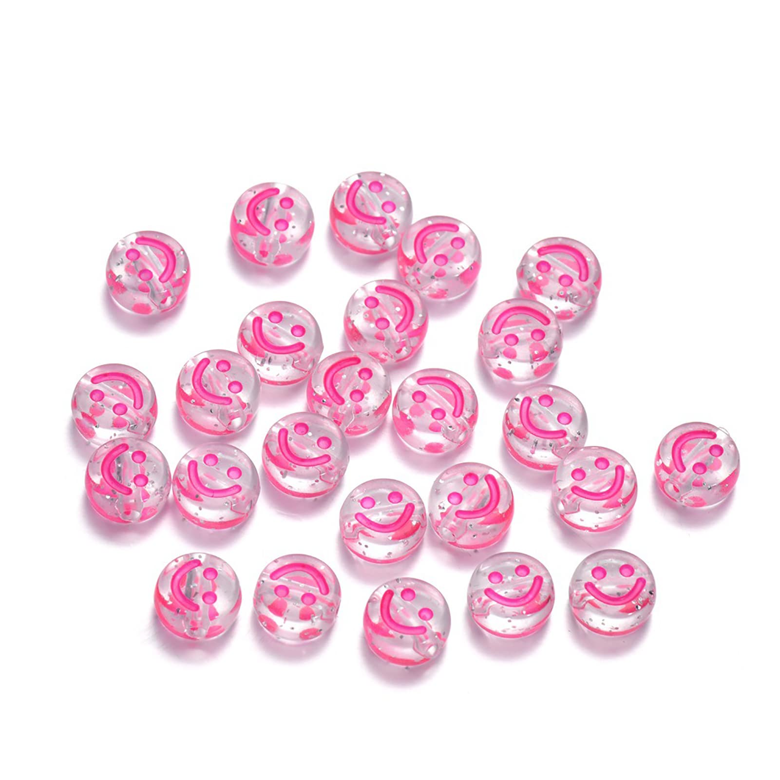 200pcs Clear Acrylic Smile Face Beads 10mm Pony Disc Coin Rose Red Enamel Loose Spacer Beads for DIY Jewelry Bracelet Mobile Phone Pendant Making