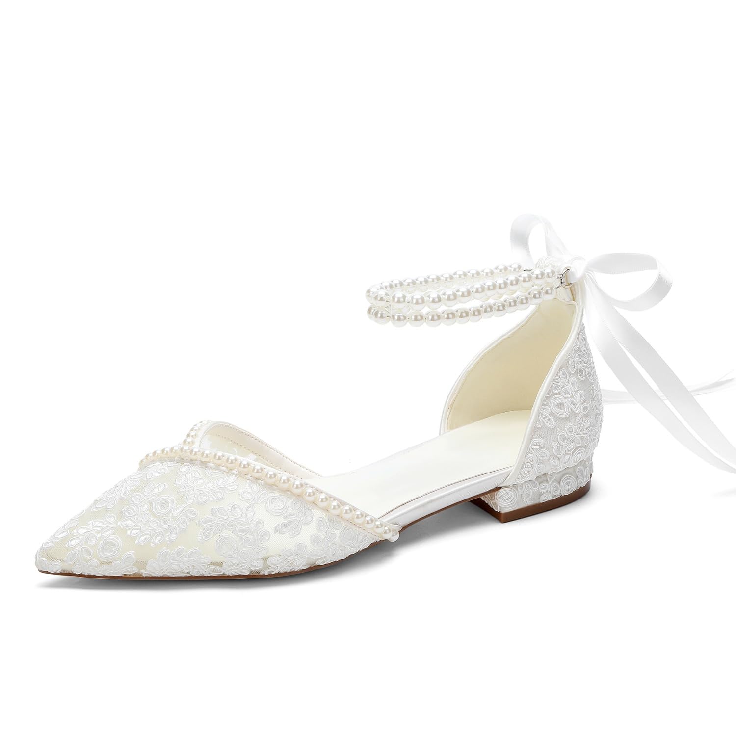 Brautschuhe mit Spitze, für die Braut, spitzer Zehenbereich, Perlen-Hochzeitsschuhe