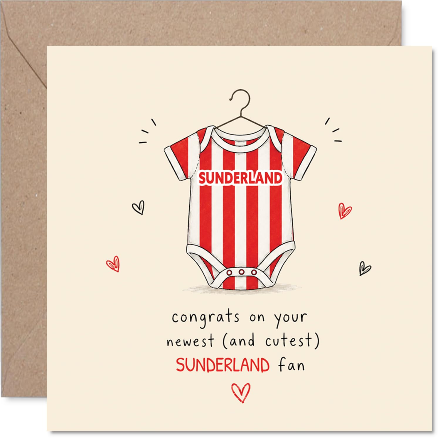 Playful New Baby Card for Sunderland Fans - Welcome to the Squad - Red and White Striped Onesie for the Tiniest Sunderland Fan - 145mm Square, Envelope Included