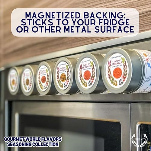 Miniatura 9 de Colección de condimentos de Gourmet World Flavors. Sin GMO verificado. 6 latas magnéticas. Lote pequeño de mezcla de especias.