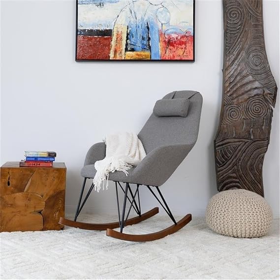 ASHCROFT Jayce Mid-Century Modern Tight Back Fabric Rocking Chair in Gray