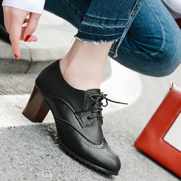 Women's Chunky High Heels Wingtip Oxfords Round Toe Lace Up Chunky Block Heel Office Shoes Party Dress Shoes3
