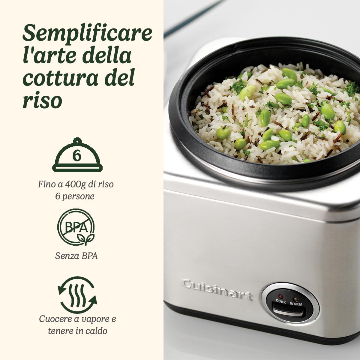 Cuisinart Cuociriso Multifunzone | Cuoce a vapore e mantiene al caldo | Cavo retrattile | Recipiente Antiaderente e Cestino in Acciaio Inox senza BPA | Fino a 400g di riso, 6 Porzioni