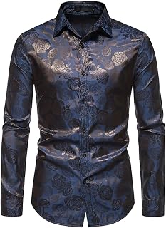 Autumn Style Men'S Long-Sleeved Fashion Button Cardigan Rose Print Polyester Blend Smooth Button Shirt Shiny Paisley Silk Feel Dress Formal Wedding Shirt Easy To Iron Tops Slim Fit Classic Dress Shirt