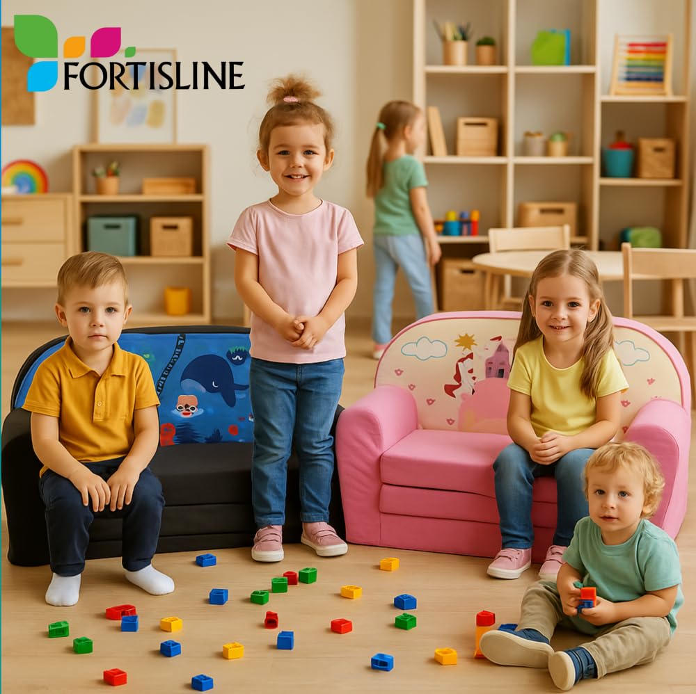 FORTISLINE Kindersofa MINI ausklappbar 78 x 40 x 45 cm - Kindercouch aus Mikrofaser mit Liegefläche 104 cm, abnehmbarem waschbarem Bezug, Oeko-TEX Standard 100 Sterne Grau