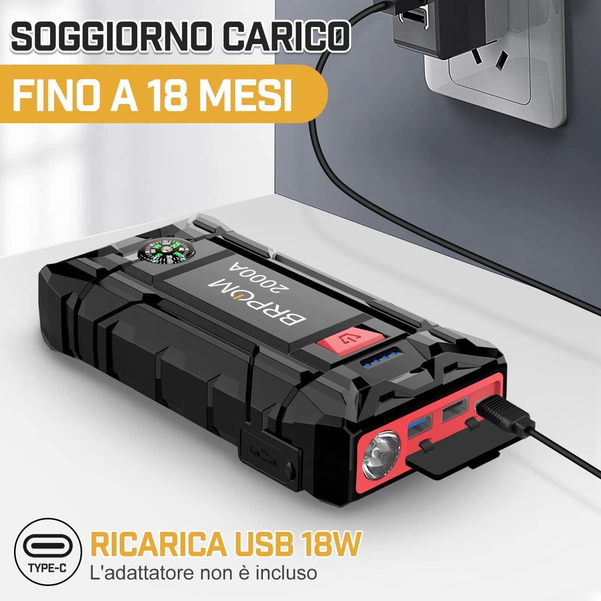 BRPOM Avviatore Batteria Auto, 4000A Avviatore di Emergenza per Auto/Moto, (Motori Fino a 8.0L Gas o 6.5L Diesel) Torcia a LED,Porta USB da per Smartphone