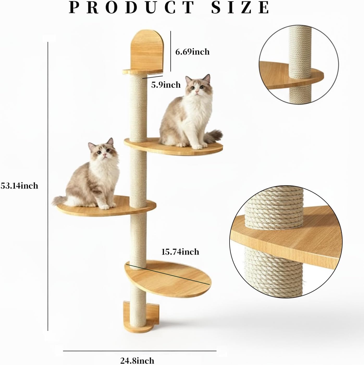 Cat Wall Shelves & Climber for Kittens Solid wood cat climbing frame – 4-Level Wall Mounted Cat Tree with Natural Sisal Pads, Adjustable Tower for Indoor Cats, Suit for Climb, Play, Nap (53 inches)