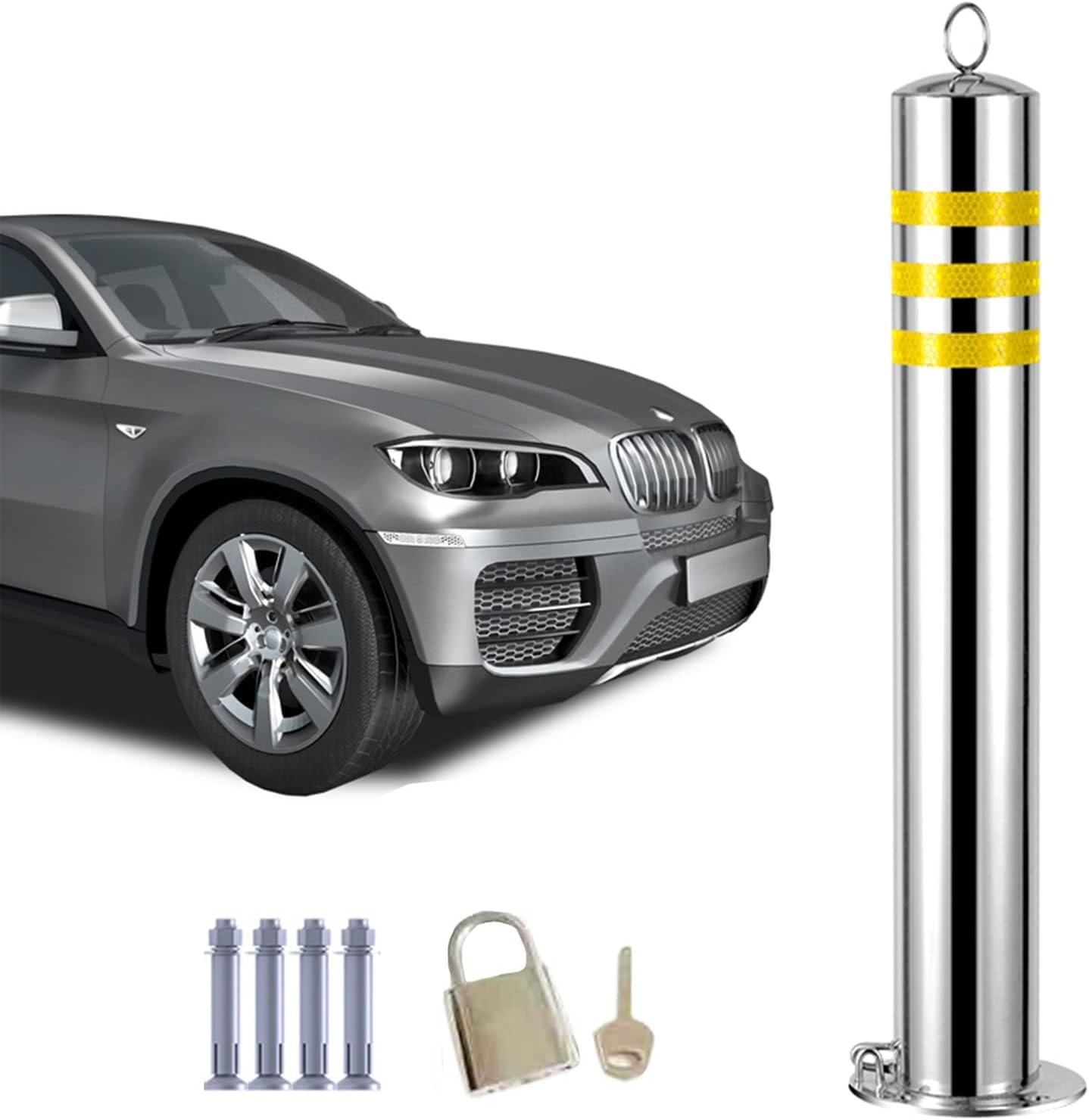 Aioneer Parking Bollard Post 28 32 36 40 45 Inch, Reflective Delineator Cones With Chain Hook For Construction Sites And Street Stanchions, Heavy Duty Base/Load 30 Tons-4 Pack-110m/43.3in